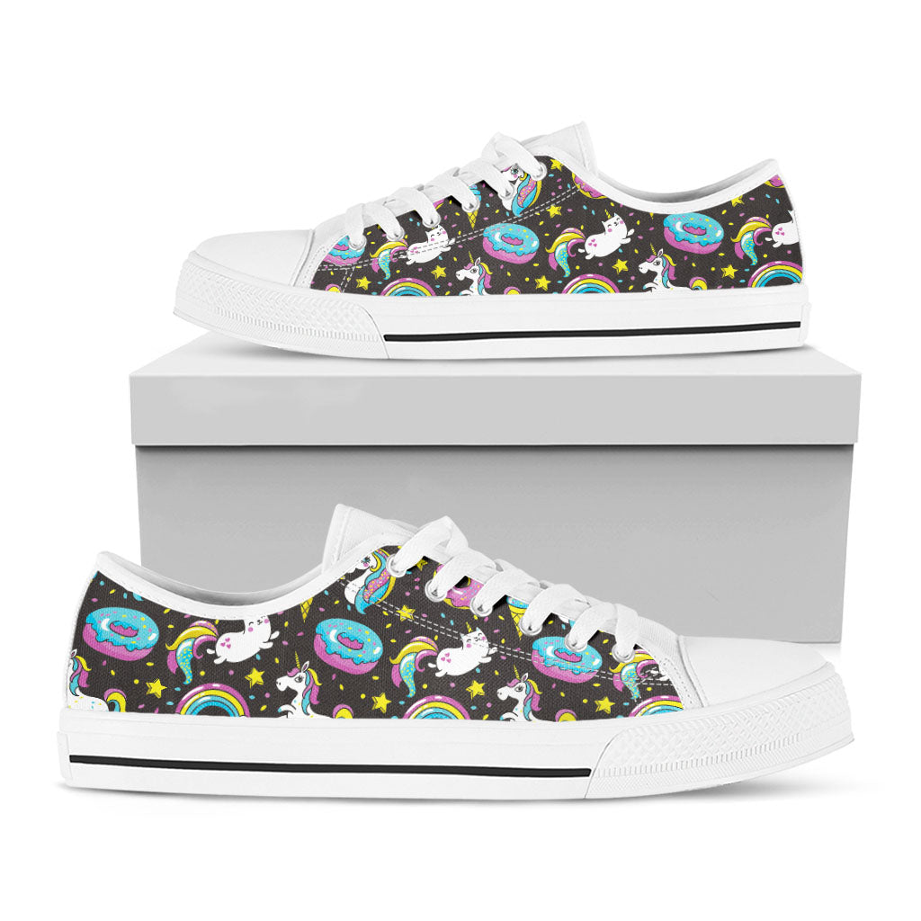 Girly Unicorn Donut Pattern Print White Low Top Sneakers