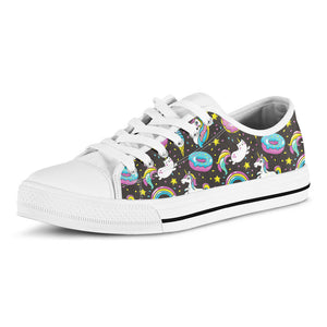 Girly Unicorn Donut Pattern Print White Low Top Sneakers