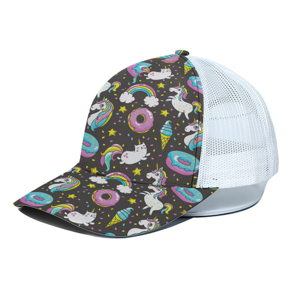 Girly Unicorn Donut Pattern Print White Mesh Trucker Cap