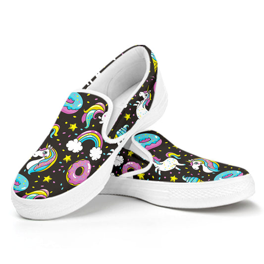 Girly Unicorn Donut Pattern Print White Slip On Sneakers