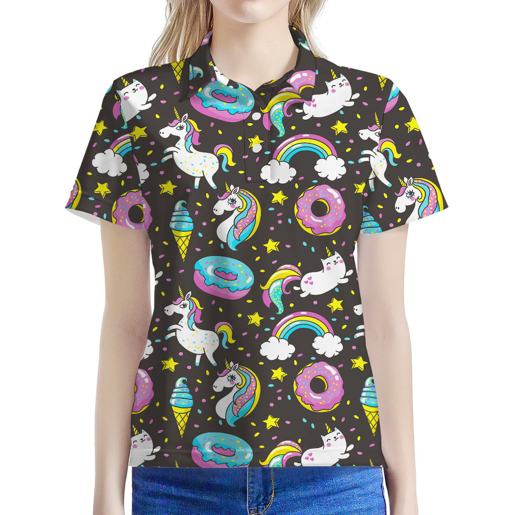 Girly Unicorn Donut Pattern Print Women's Polo Shirt