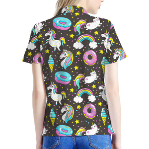 Girly Unicorn Donut Pattern Print Women's Polo Shirt