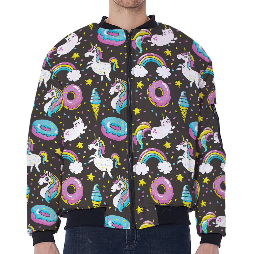 Girly Unicorn Donut Pattern Print Zip Sleeve Bomber Jacket