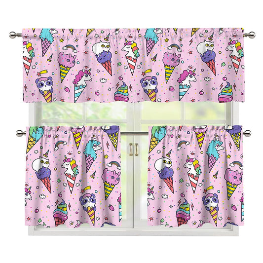 Girly Unicorn Ice Cream Pattern Print 3 Piece Kitchen Curtains