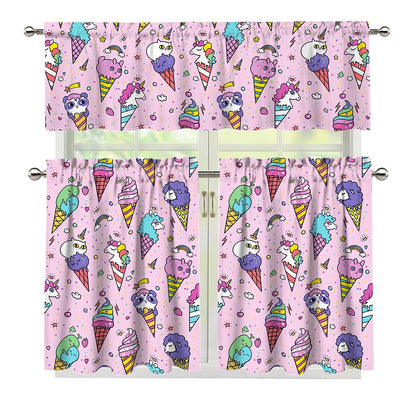 Girly Unicorn Ice Cream Pattern Print 3 Piece Kitchen Curtains
