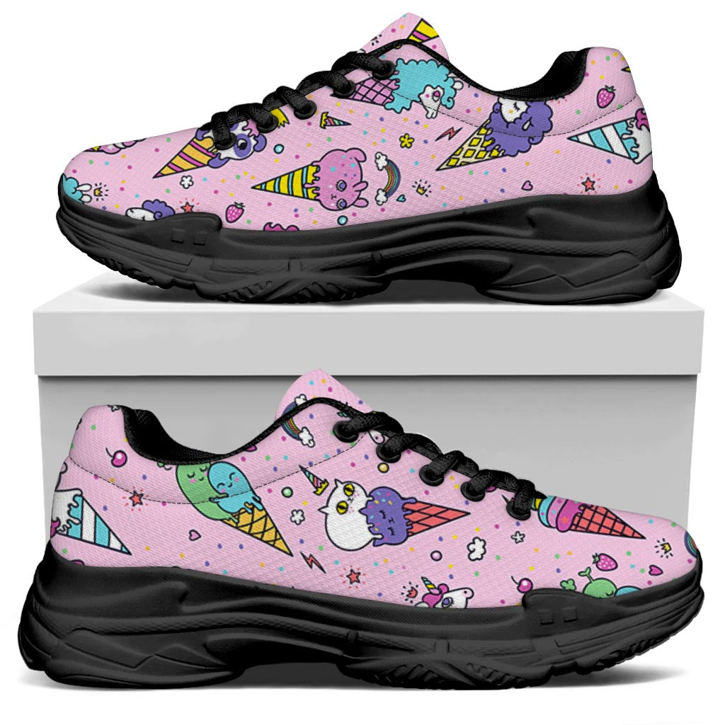 Girly Unicorn Ice Cream Pattern Print Black Chunky Shoes