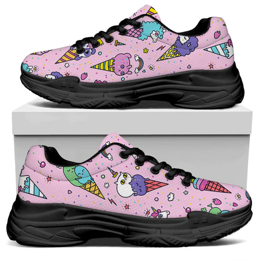 Girly Unicorn Ice Cream Pattern Print Black Chunky Shoes