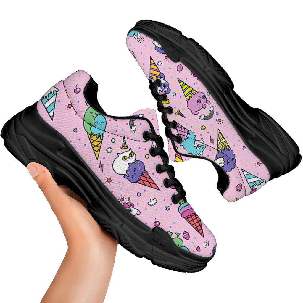 Girly Unicorn Ice Cream Pattern Print Black Chunky Shoes