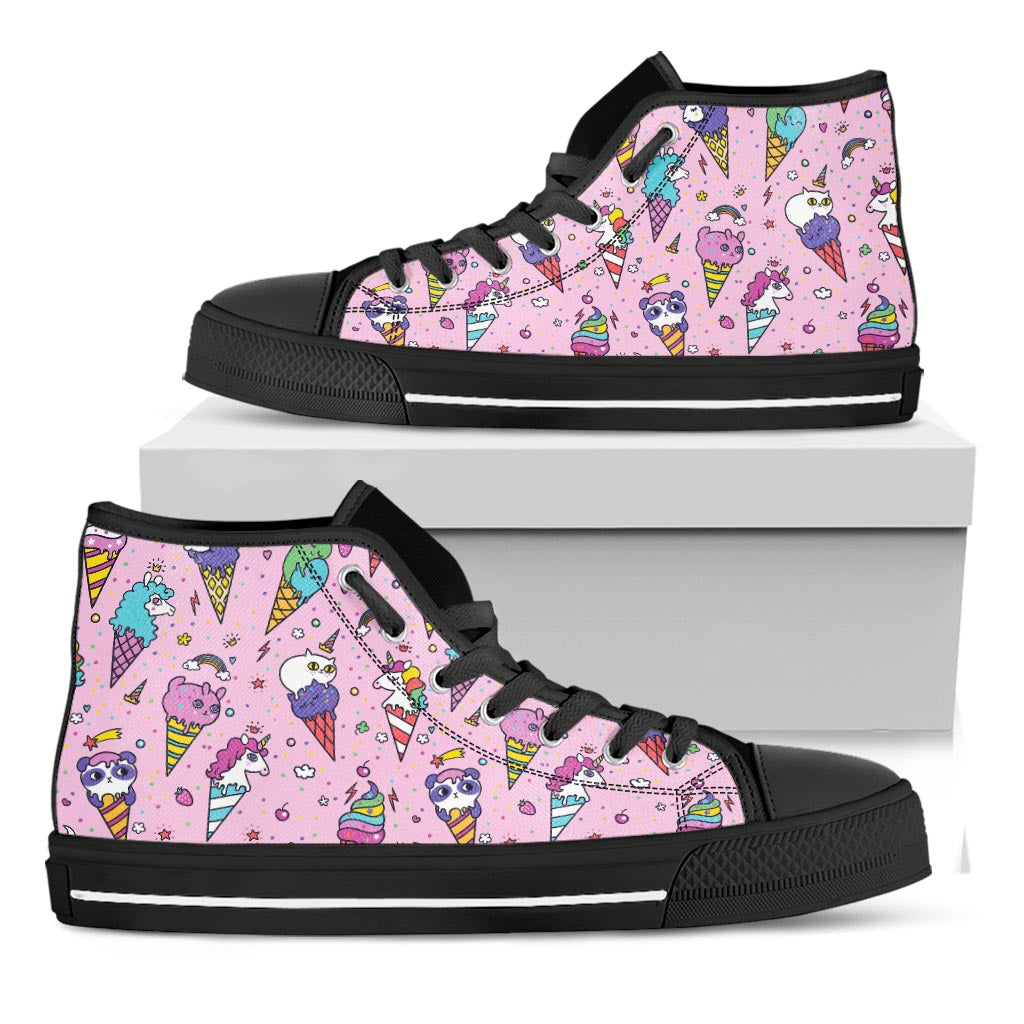 Girly Unicorn Ice Cream Pattern Print Black High Top Sneakers