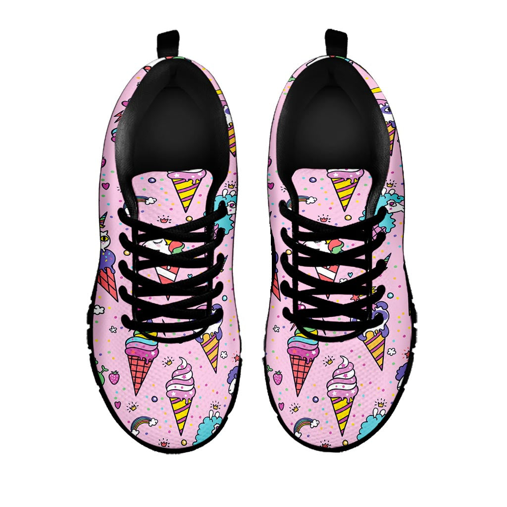 Girly Unicorn Ice Cream Pattern Print Black Running Shoes