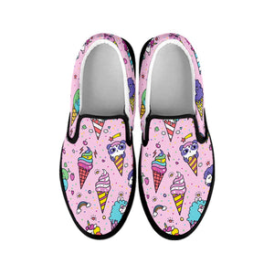 Girly Unicorn Ice Cream Pattern Print Black Slip On Sneakers