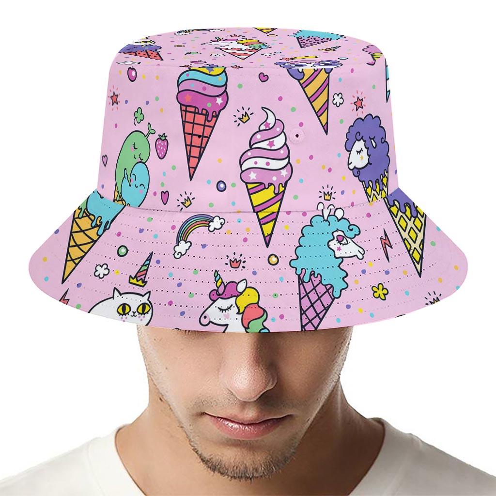 Girly Unicorn Ice Cream Pattern Print Bucket Hat