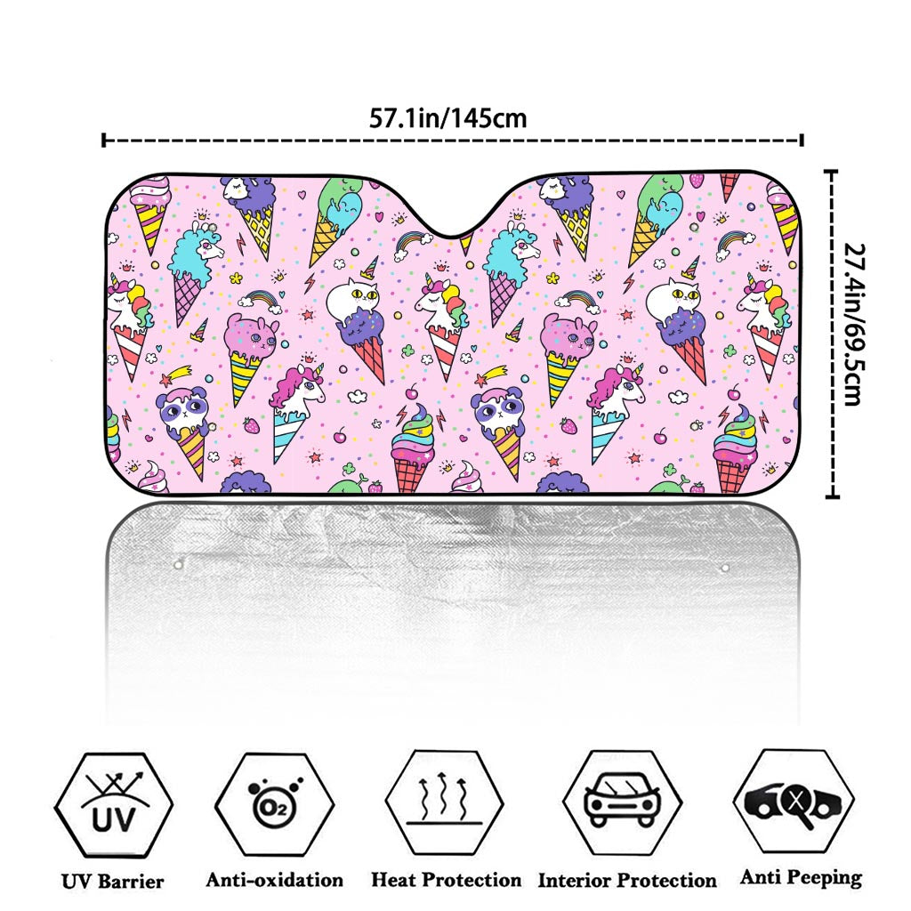 Girly Unicorn Ice Cream Pattern Print Car Windshield Sun Shade