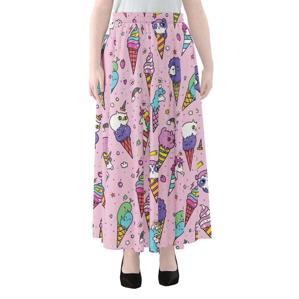 Girly Unicorn Ice Cream Pattern Print Chiffon Maxi Skirt