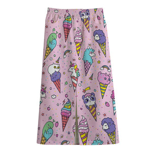 Girly Unicorn Ice Cream Pattern Print Cotton Front Slit Maxi Skirt