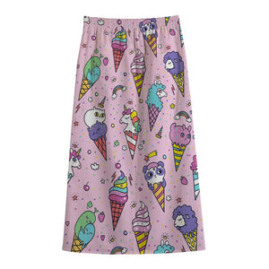 Girly Unicorn Ice Cream Pattern Print Cotton Front Slit Maxi Skirt