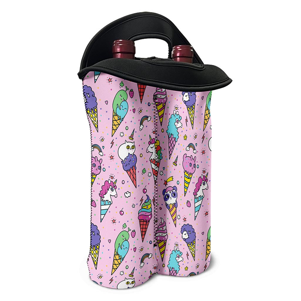 Girly Unicorn Ice Cream Pattern Print Double Neoprene Wine Tote