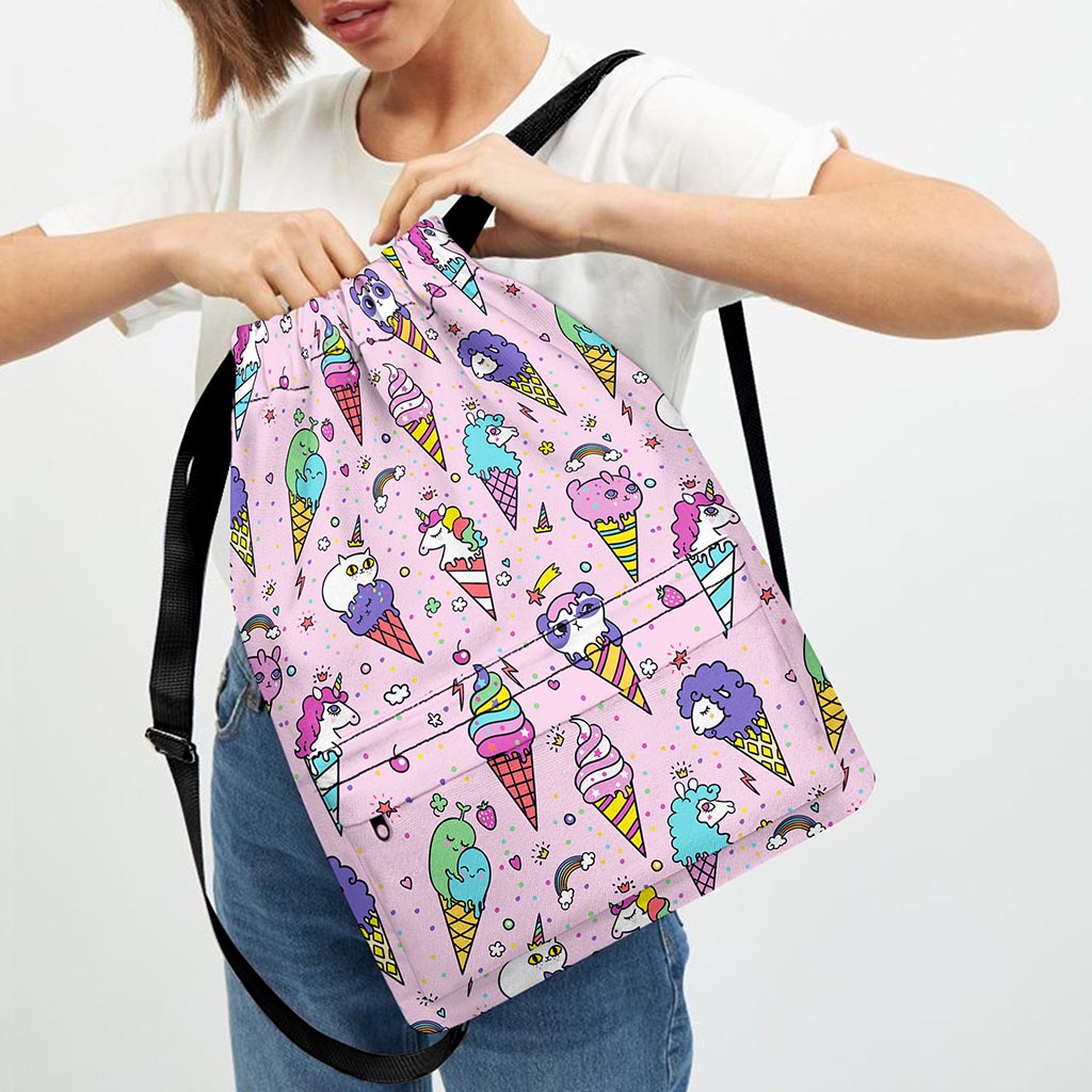 Girly Unicorn Ice Cream Pattern Print Drawstring Backpack