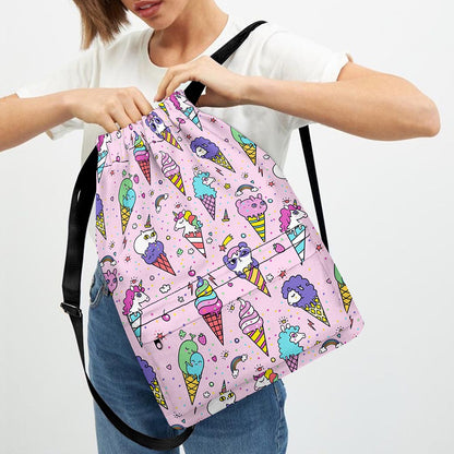 Girly Unicorn Ice Cream Pattern Print Drawstring Backpack