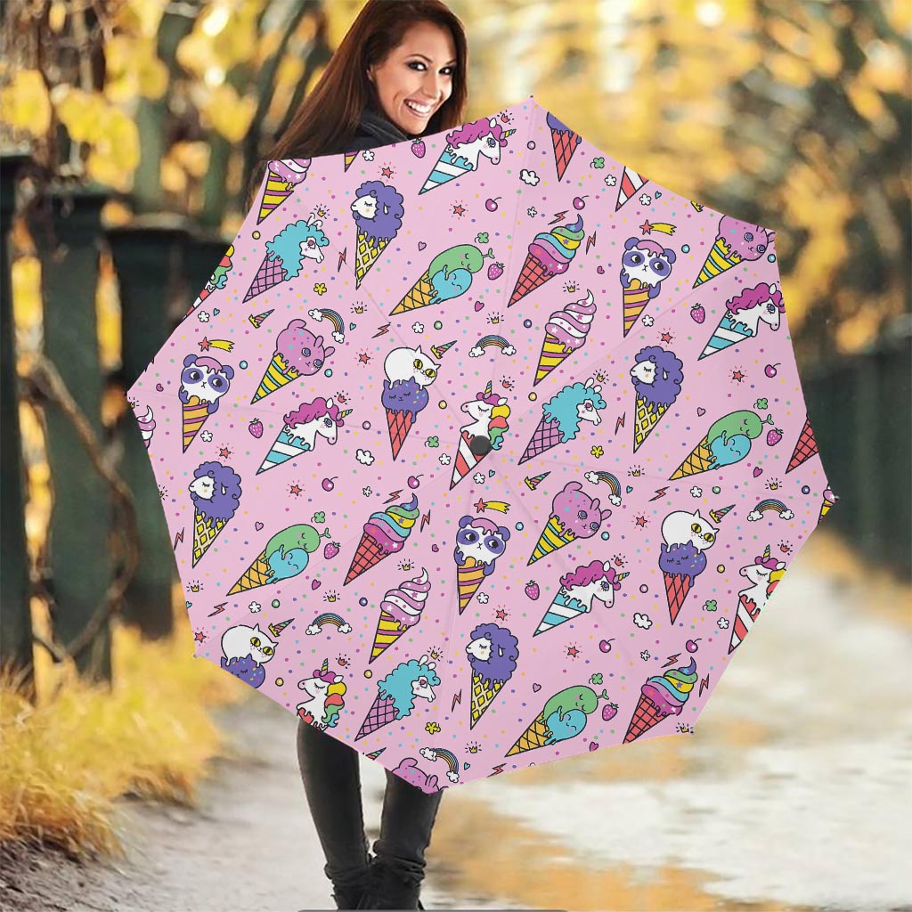 Girly Unicorn Ice Cream Pattern Print Foldable Umbrella