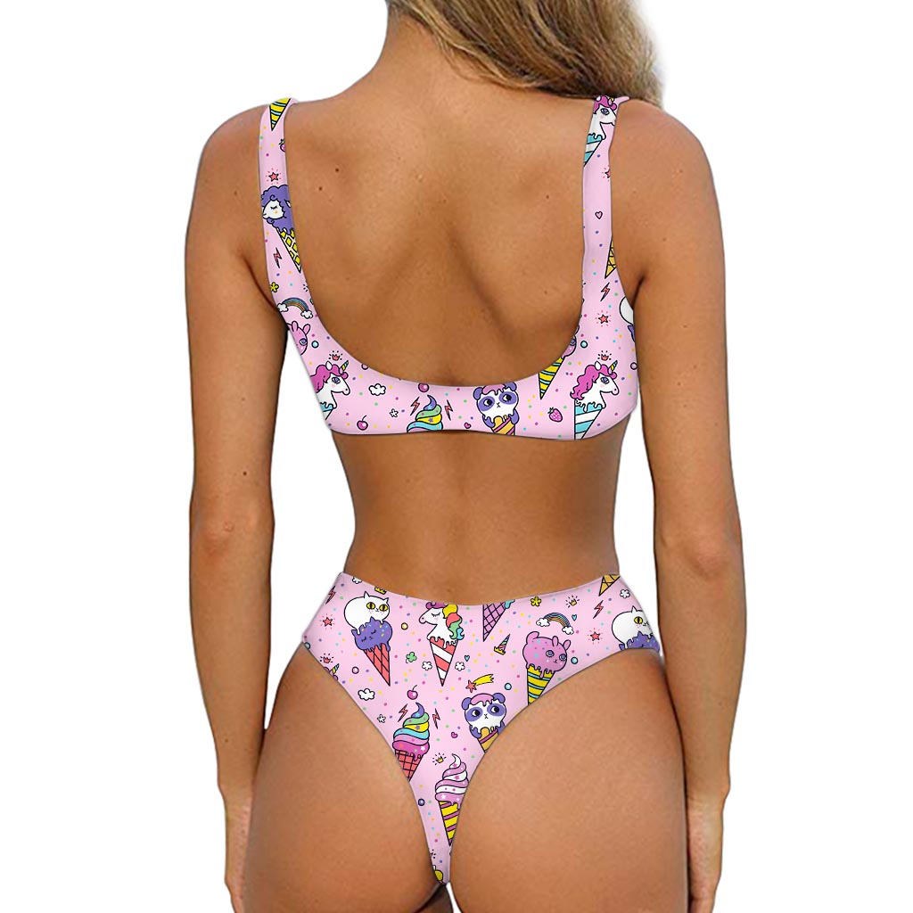 Girly Unicorn Ice Cream Pattern Print Front Bow Tie Bikini