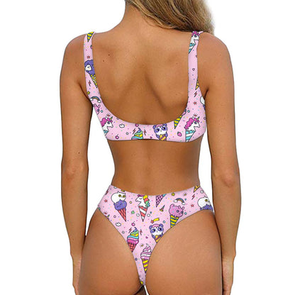 Girly Unicorn Ice Cream Pattern Print Front Bow Tie Bikini