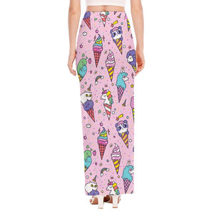 Girly Unicorn Ice Cream Pattern Print High Slit Maxi Skirt