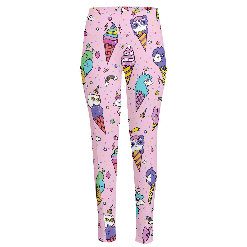 Girly Unicorn Ice Cream Pattern Print High-Waisted Pocket Leggings