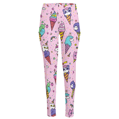 Girly Unicorn Ice Cream Pattern Print High-Waisted Pocket Leggings