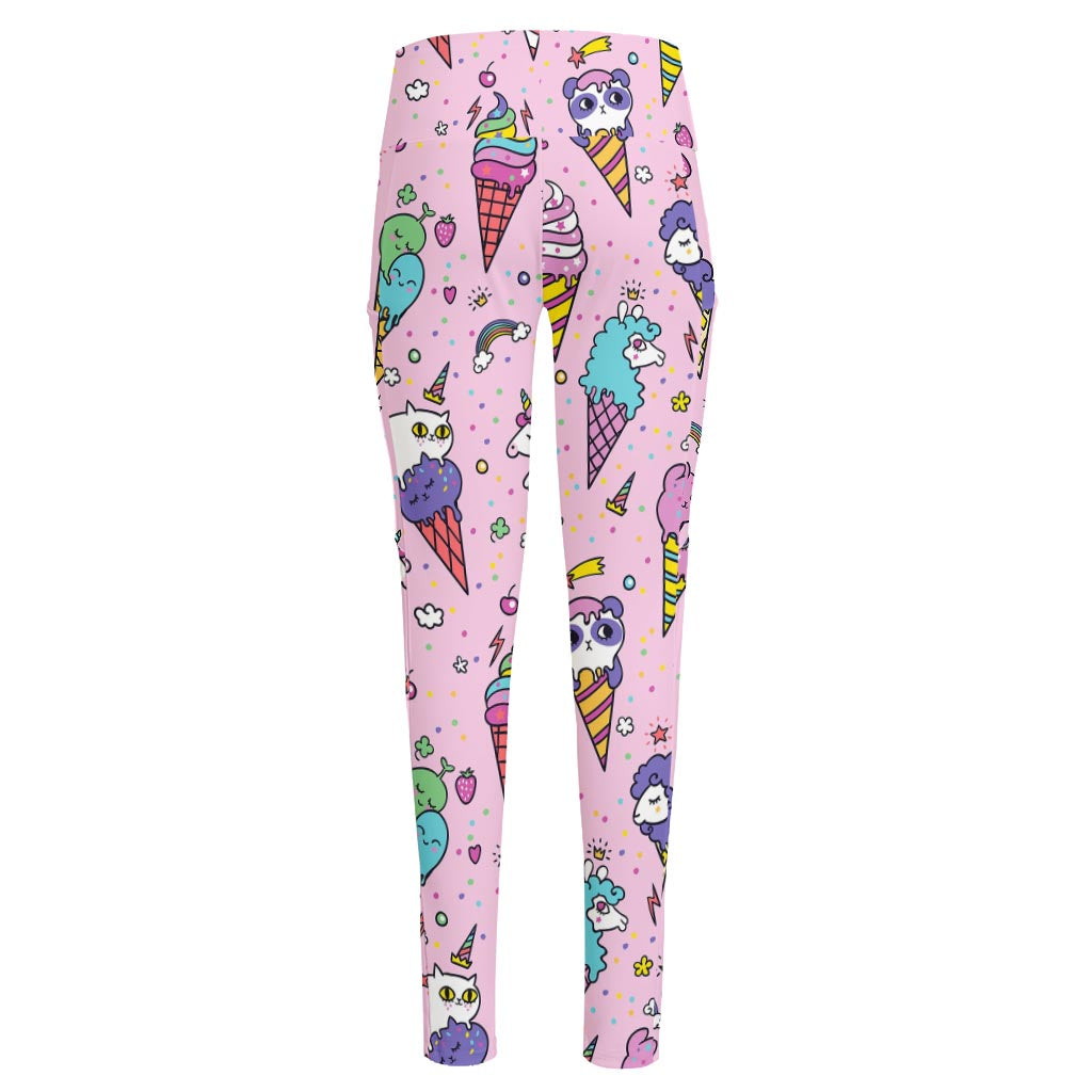 Girly Unicorn Ice Cream Pattern Print High-Waisted Pocket Leggings
