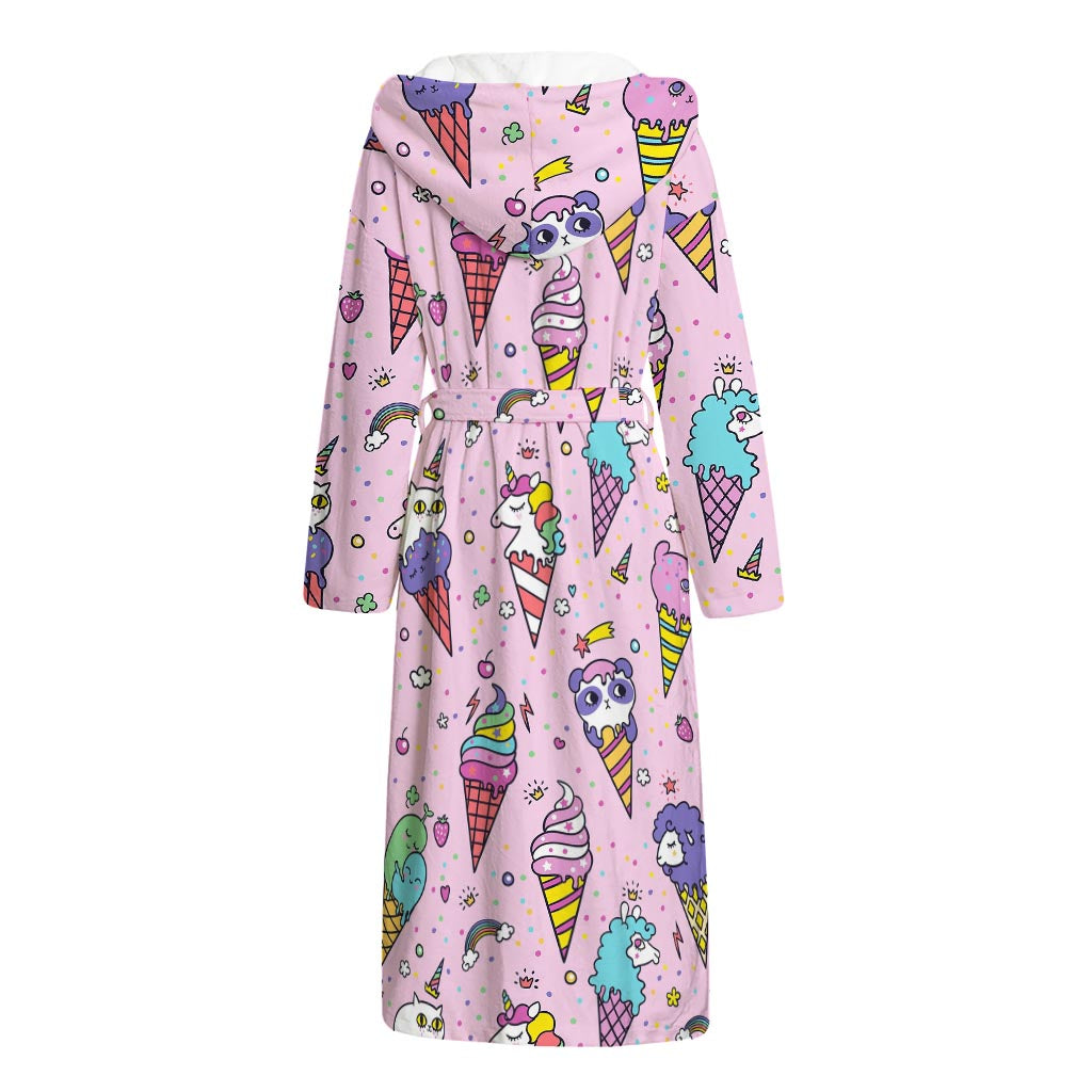 Girly Unicorn Ice Cream Pattern Print Hooded Bathrobe