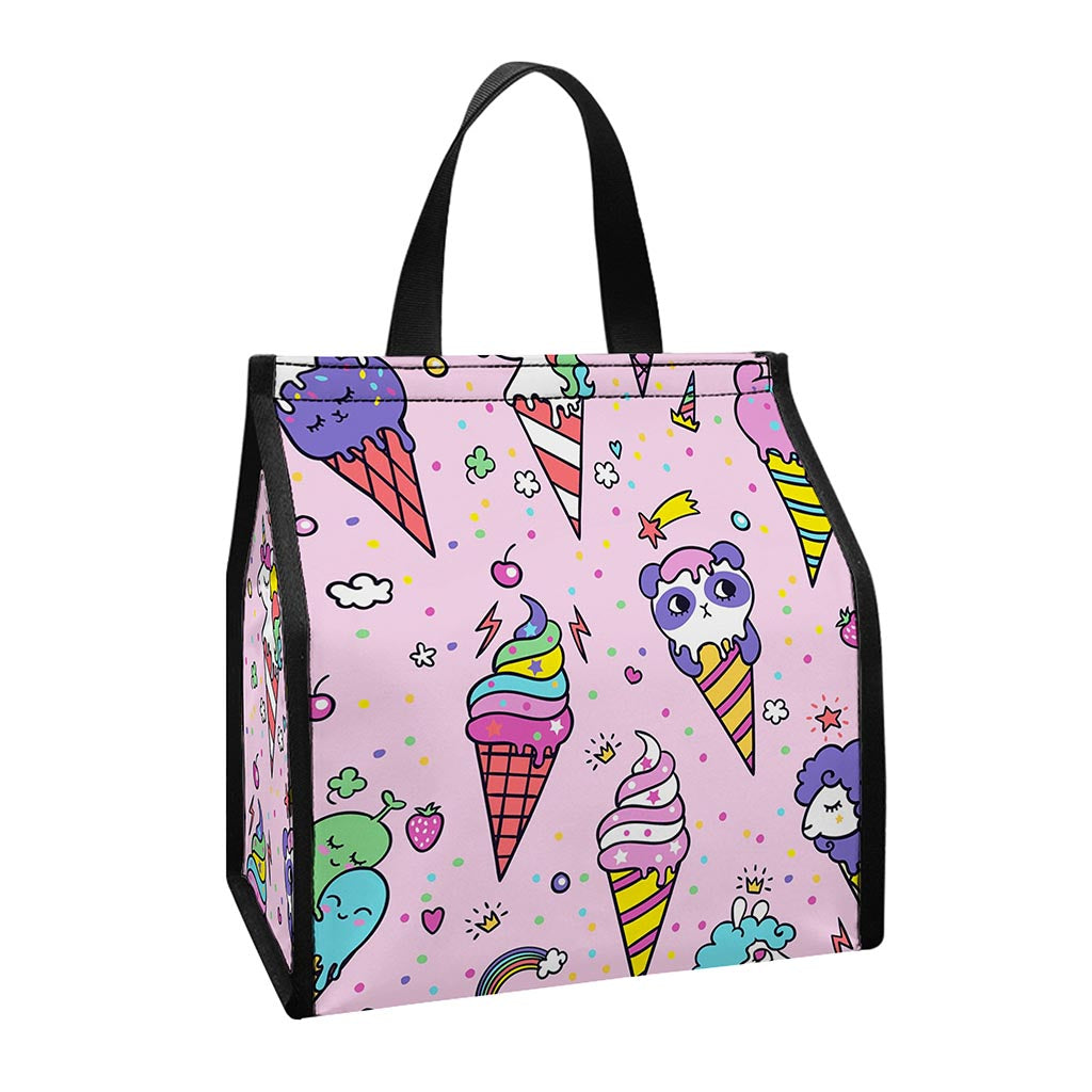 Girly Unicorn Ice Cream Pattern Print Insulated Lunch Tote