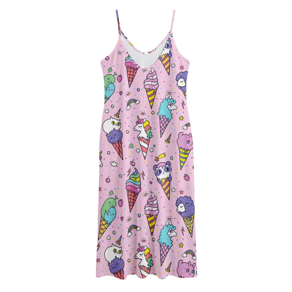 Girly Unicorn Ice Cream Pattern Print Jersey Midi Cami Dress