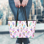 Girly Unicorn Ice Cream Pattern Print Leather Tote Bag