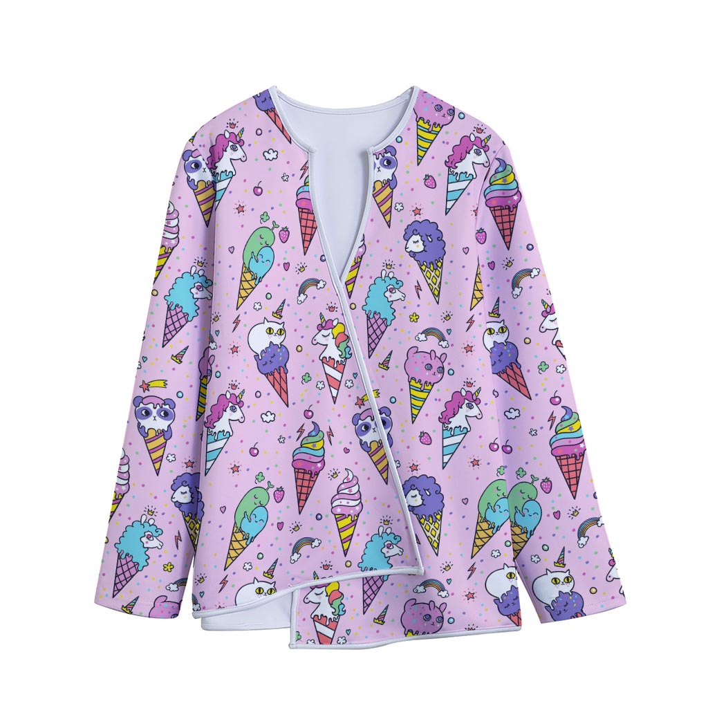 Girly Unicorn Ice Cream Pattern Print Long Sleeve Short Coat