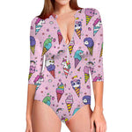 Girly Unicorn Ice Cream Pattern Print Long Sleeve Swimsuit