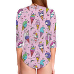 Girly Unicorn Ice Cream Pattern Print Long Sleeve Swimsuit