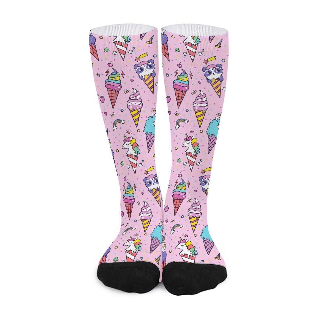 Girly Unicorn Ice Cream Pattern Print Long Socks