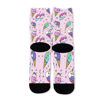 Girly Unicorn Ice Cream Pattern Print Long Socks