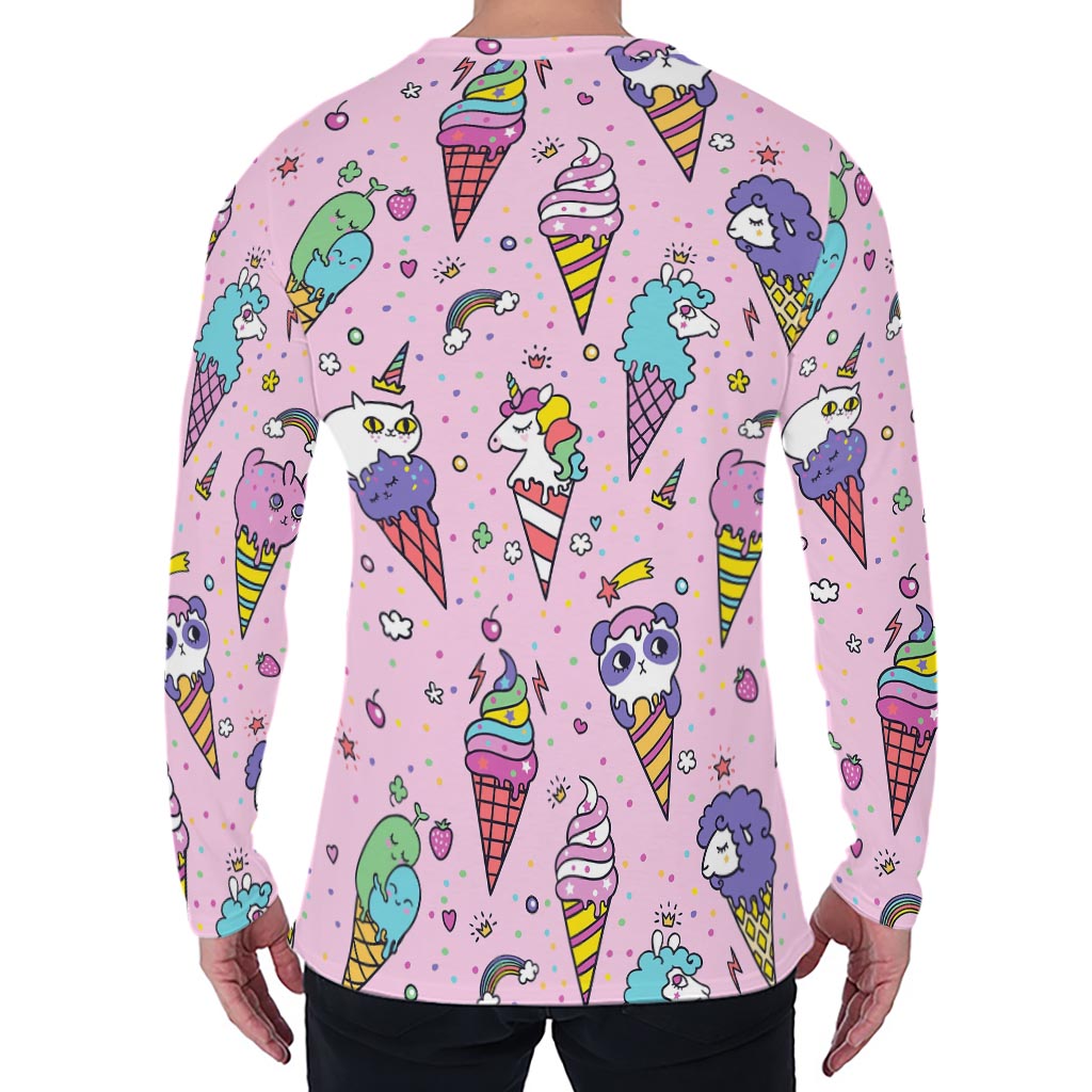 Girly Unicorn Ice Cream Pattern Print Men's Long Sleeve T-Shirt