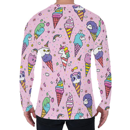 Girly Unicorn Ice Cream Pattern Print Men's Long Sleeve T-Shirt