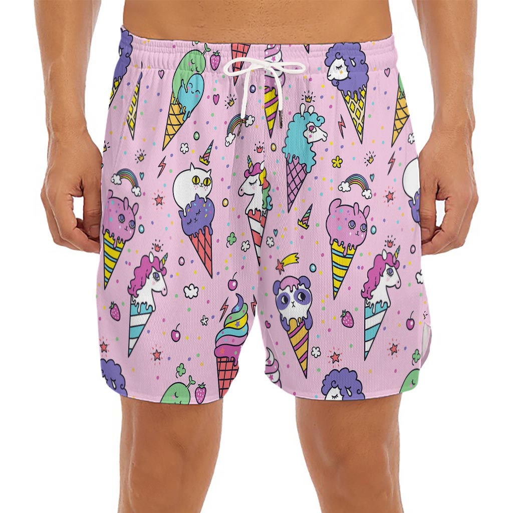 Girly Unicorn Ice Cream Pattern Print Men's Split Running Shorts