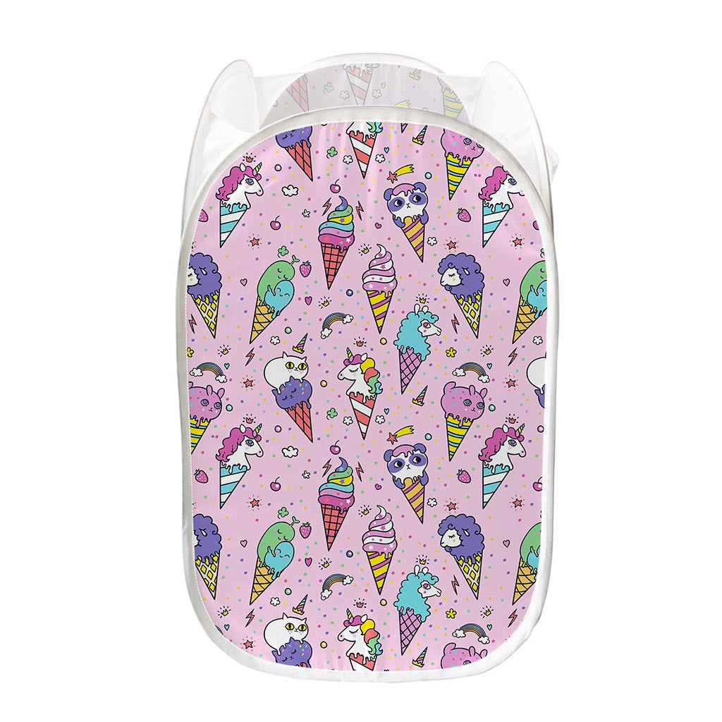 Girly Unicorn Ice Cream Pattern Print Mesh Laundry Hamper