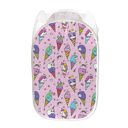 Girly Unicorn Ice Cream Pattern Print Mesh Laundry Hamper