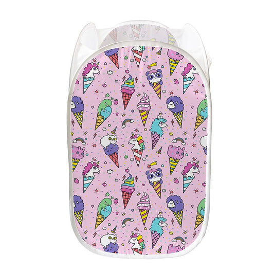 Girly Unicorn Ice Cream Pattern Print Mesh Laundry Hamper