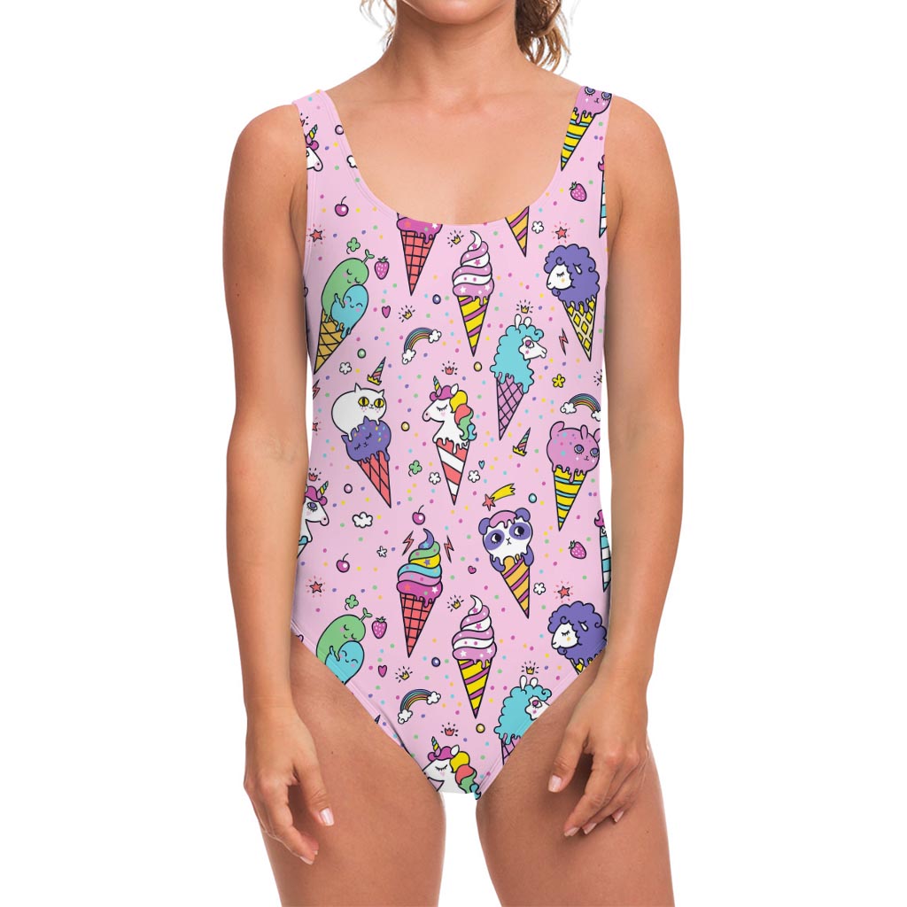 Girly Unicorn Ice Cream Pattern Print One Piece Swimsuit