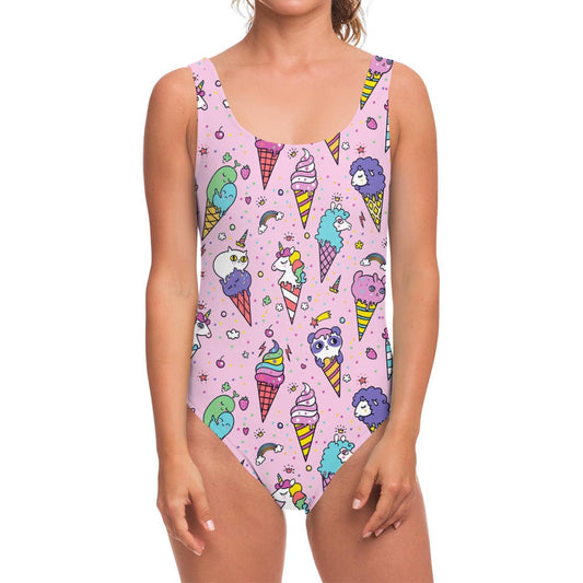 Girly Unicorn Ice Cream Pattern Print One Piece Swimsuit
