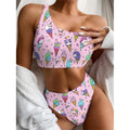 Girly Unicorn Ice Cream Pattern Print One Shoulder Bikini Set