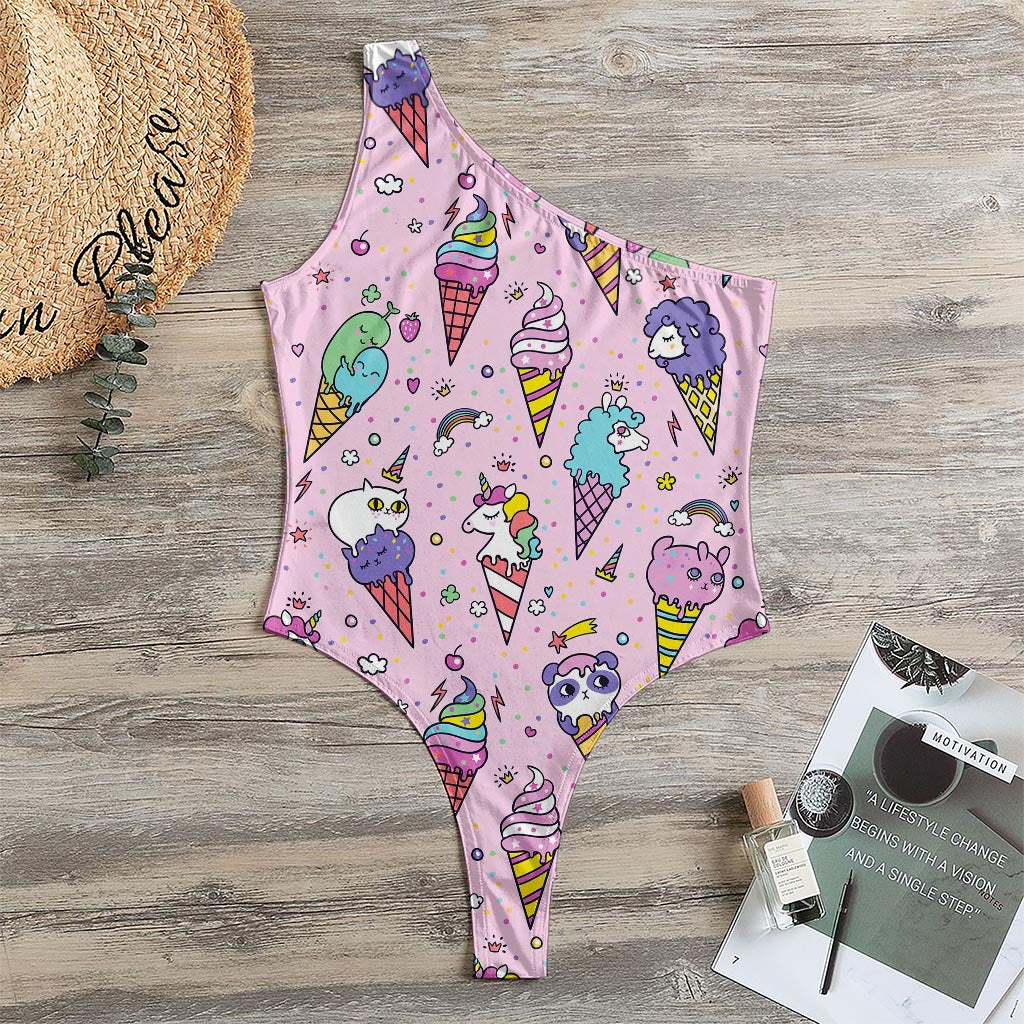 Girly Unicorn Ice Cream Pattern Print One Shoulder Bodysuit