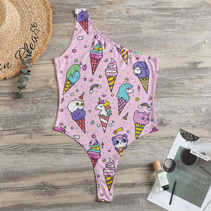 Girly Unicorn Ice Cream Pattern Print One Shoulder Bodysuit